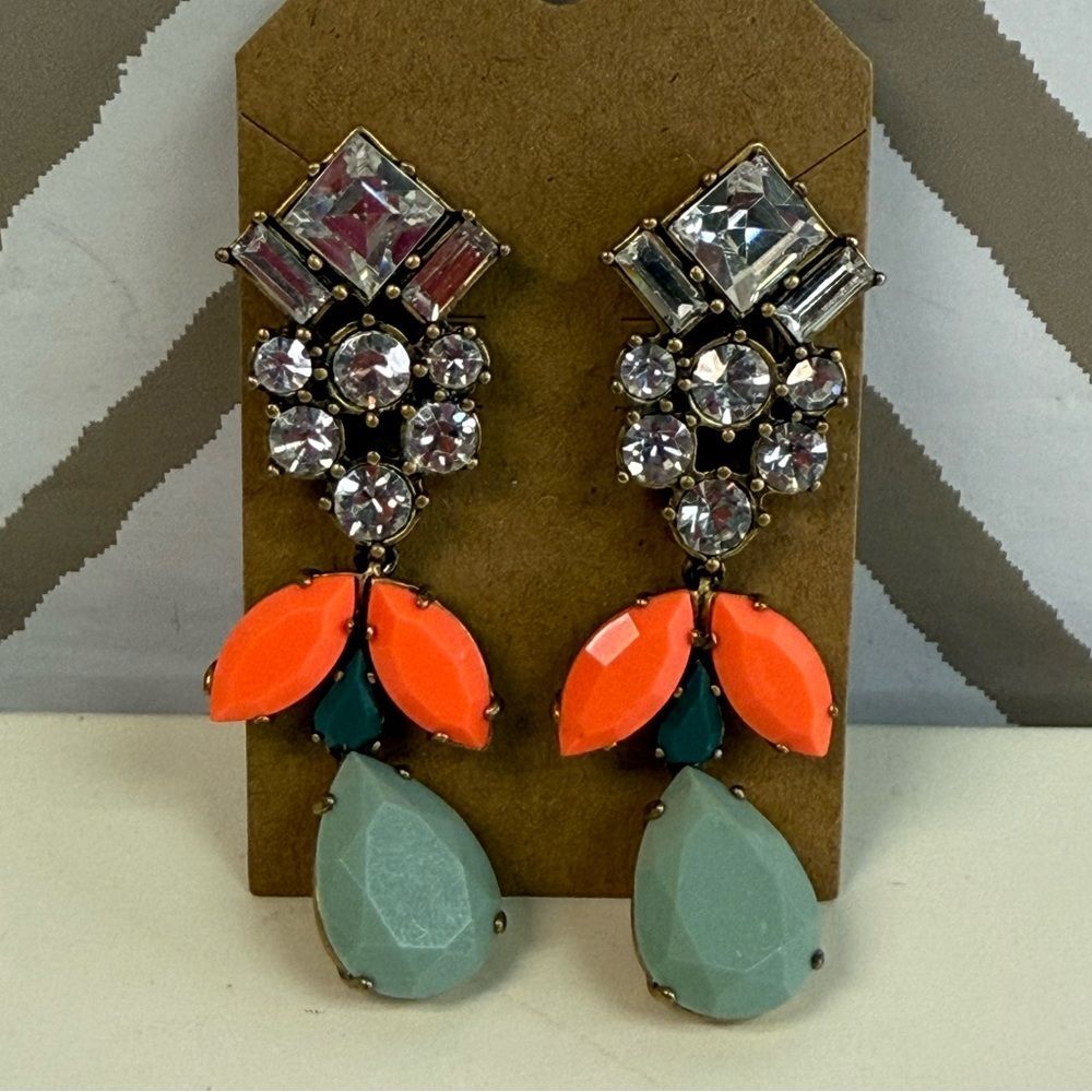 J Crew Beautiful Coral Blue Clear Crystal Stone Dangle Earrings